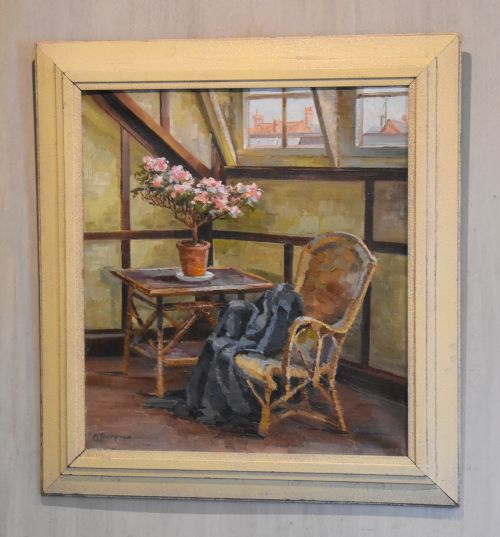interior oil painting by mabel m thompson - CATEGORY: ANTIQUE ART - DATED 1930