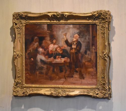 french tavern scene oil painting - CATEGORY: ANTIQUE ART - DATED 1900