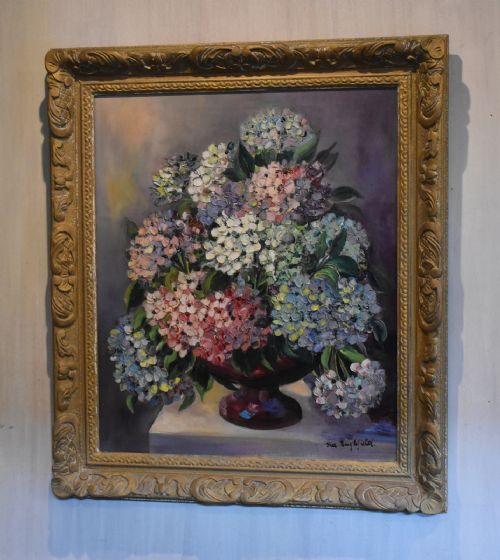 still life oil painting of hydrangeas - CATEGORY: ANTIQUE ART - DATED 1940