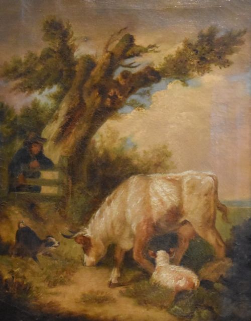 LATE GEORGIAN OIL PAINTING DEPICTING FARMER AND ANIMALS - ADDITIONAL PHOTO 3