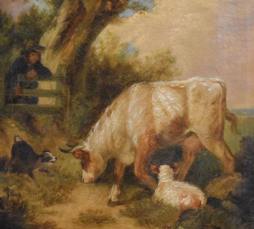 LATE GEORGIAN OIL PAINTING DEPICTING FARMER AND ANIMALS - ADDITIONAL PHOTO 4