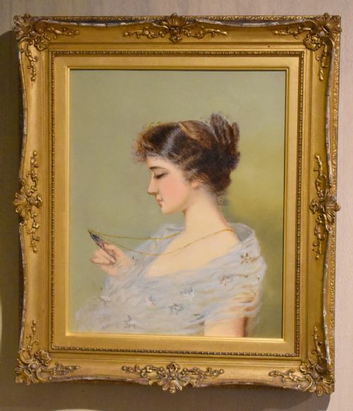 OIL PAINTING OF A LADY HOLDING A MINIATURE - ADDITIONAL PHOTO 1