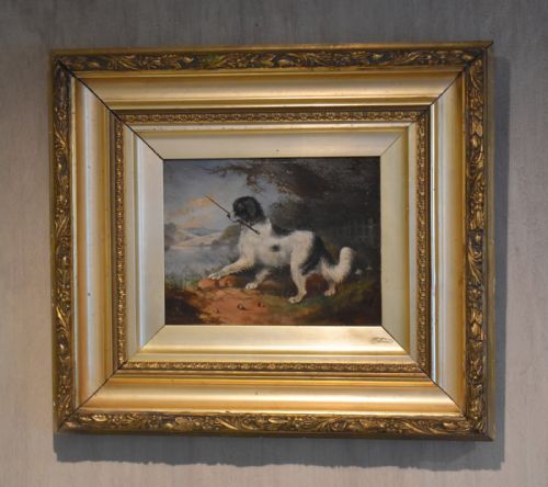 victorian oil painting of a dog with a stick - CATEGORY: ANTIQUE ART - DATED 1860