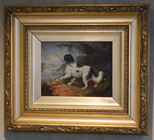 VICTORIAN OIL PAINTING OF A DOG WITH A STICK - ADDITIONAL PHOTO 1