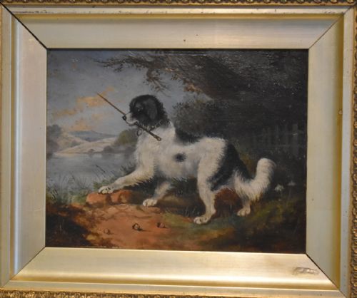 VICTORIAN OIL PAINTING OF A DOG WITH A STICK - ADDITIONAL PHOTO 2