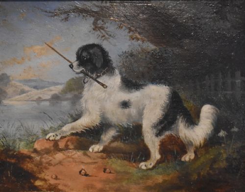 VICTORIAN OIL PAINTING OF A DOG WITH A STICK - ADDITIONAL PHOTO 3