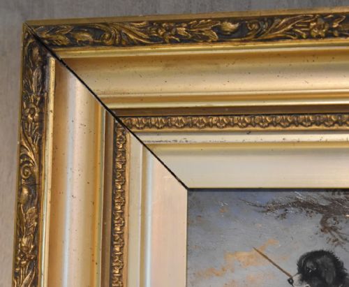VICTORIAN OIL PAINTING OF A DOG WITH A STICK - ADDITIONAL PHOTO 4