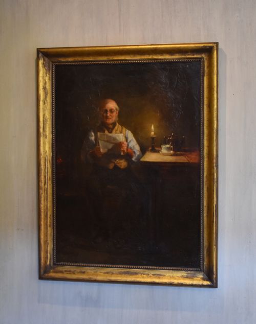 reading by candlelight oil painting by john ford jones - CATEGORY: ANTIQUE ART - DATED 1880