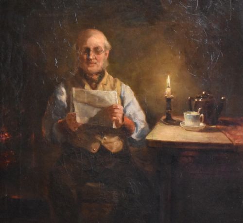 READING BY CANDLELIGHT OIL PAINTING BY JOHN FORD JONES - ADDITIONAL PHOTO 4