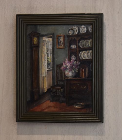 cottage interior scene oil painting - CATEGORY: ANTIQUE ART - DATED 1900