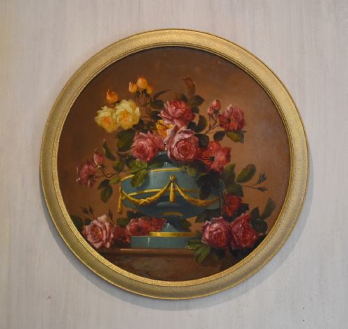 circular still life oil painting of roses - CATEGORY: ANTIQUE ART - DATED 1900