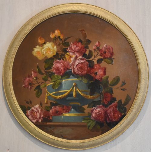 CIRCULAR STILL LIFE OIL PAINTING OF ROSES - ADDITIONAL PHOTO 1