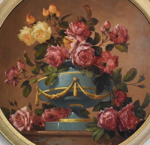 CIRCULAR STILL LIFE OIL PAINTING OF ROSES - ADDITIONAL PHOTO 2