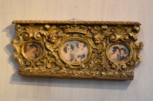 unusual triptych of watercolour miniatures in carved giltwood frame - CATEGORY: ANTIQUE ART - DATED 1850