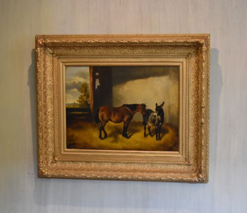 horse and donkey oil painting by john alfred wheeler - CATEGORY: ANTIQUE ART - DATED 1880