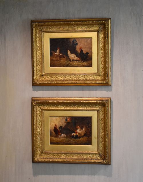 pair of victorian oil paintings of chickens - CATEGORY: ANTIQUE ART - DATED 1890