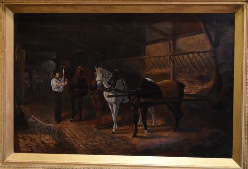 VICTORIAN STABLE INTERIOR OIL PAINTING - ADDITIONAL PHOTO 2