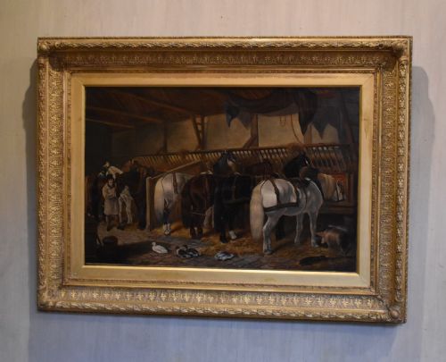 victorian stable interior oil painting - CATEGORY: ANTIQUE ART - DATED 19TH CENTURY