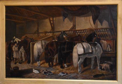 VICTORIAN STABLE INTERIOR OIL PAINTING - ADDITIONAL PHOTO 4