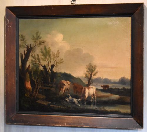 GEORGIAN LANDSCAPE OIL PAINTING WITH DOG AND CATTLE - ADDITIONAL PHOTO 1