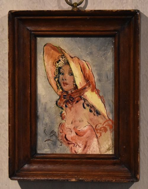 miniature oil of a lady in a large hat - CATEGORY: ANTIQUE ART - DATED 1930