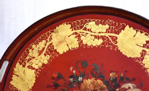RED TOLEWARE TRAY PAINTED WITH FLOWERS - ADDITIONAL PHOTO 2