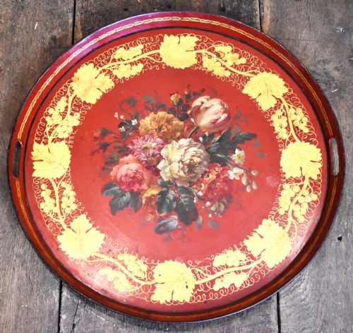 RED TOLEWARE TRAY PAINTED WITH FLOWERS - ADDITIONAL PHOTO 3