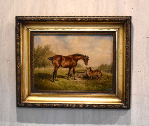 oil painting of a horse and dog by william eddowes turner - CATEGORY: ANTIQUE ART - DATED 1890