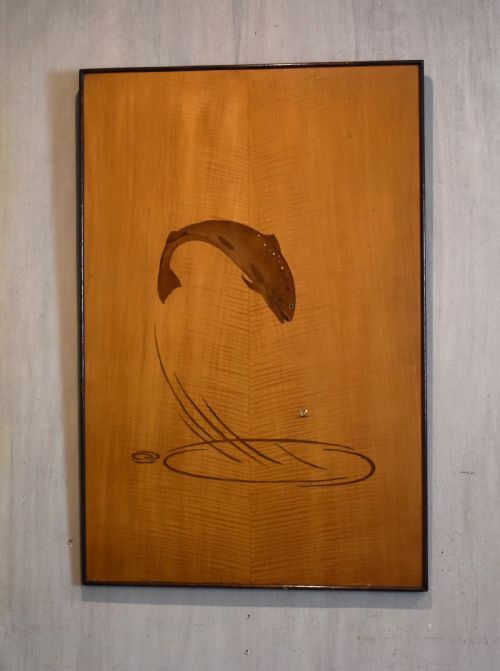 MARQUETRY PANEL DEPICTING A LEAPING SALMON