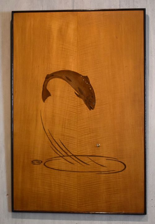 MARQUETRY PANEL DEPICTING A LEAPING SALMON - ADDITIONAL PHOTO 1