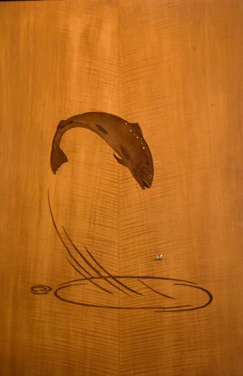 MARQUETRY PANEL DEPICTING A LEAPING SALMON - ADDITIONAL PHOTO 2