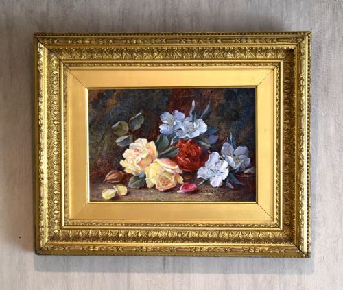 still life oil painting of flowers by vincent clare - CATEGORY: ANTIQUE ART - DATED VICTORIAN