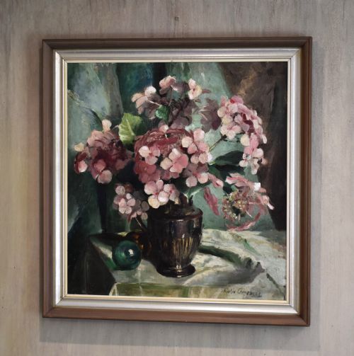 still life oil of hydrangeas by colin campbell - CATEGORY: ANTIQUE ART - DATED 1940