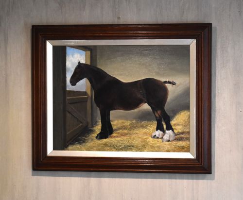 horse in stable oil painting by ejhoy - CATEGORY: ANTIQUE ART - DATED 1900