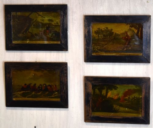 FOUR GEORGIAN REVERSE PAINTED PRINTS ON GLASS - ADDITIONAL PHOTO 1