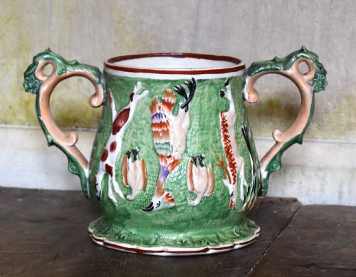 unusual staffordshire pottery loving cup - CATEGORY: ANTIQUE CUPS - DATED 19TH CENTURY