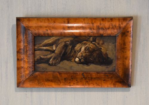 oil sketch of a sleeping lion - CATEGORY: ANTIQUE ART - DATED 1900