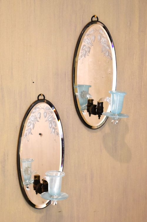 fine pair of glass candle sconces with etched mirror backs - CATEGORY: ANTIQUE MIRRORS - DATED 1900