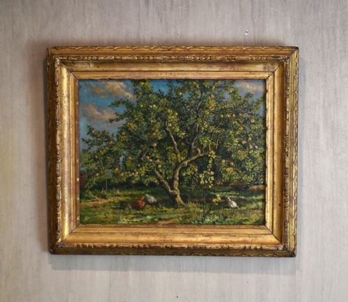 oil painting of chickens under an apple tree by roy morris - CATEGORY: ANTIQUE ART - DATED 1950