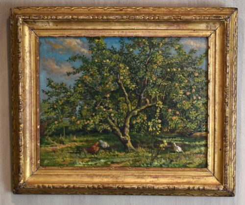 OIL PAINTING OF CHICKENS UNDER AN APPLE TREE BY ROY MORRIS - ADDITIONAL PHOTO 1
