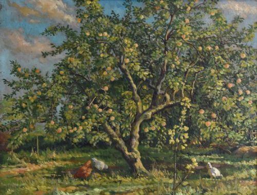 OIL PAINTING OF CHICKENS UNDER AN APPLE TREE BY ROY MORRIS - ADDITIONAL PHOTO 2