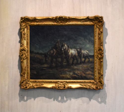 oil painting of work horses by margaret theyre - CATEGORY: ANTIQUE ART - DATED 1940