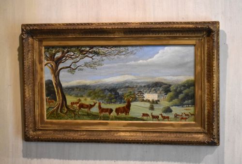 oil painting of a country house landscape with deer - CATEGORY: ANTIQUE ART - DATED VICTORIAN
