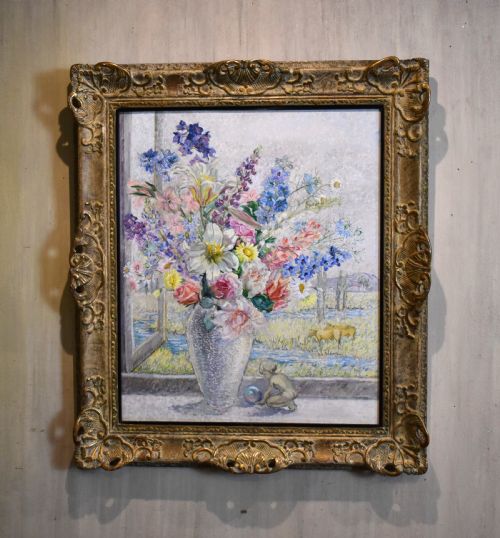 still life oil painting by marjorie moore - CATEGORY: ANTIQUE ART - DATED 1940