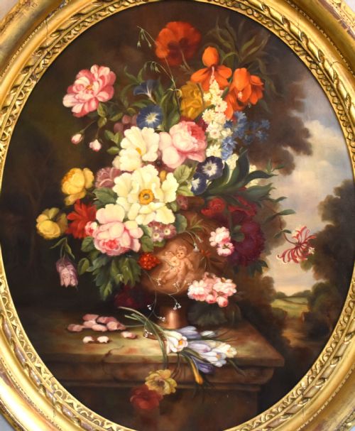 LARGE VICTORIAN STILL LIFE OIL PAINTING OF A VASE OF FLOWERS - ADDITIONAL PHOTO 3