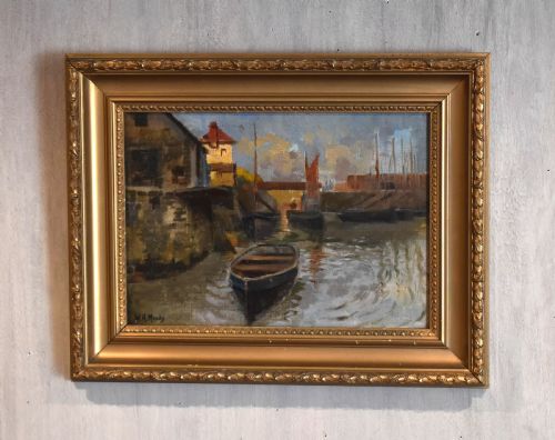 oil painting of polperro harbour cornwall - CATEGORY: ANTIQUE ART - DATED 1920