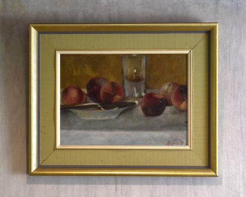 still life oil painting of peaches - CATEGORY: ANTIQUE ART - DATED 1920