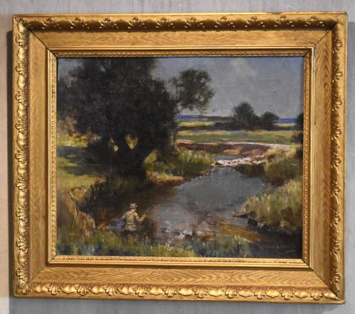 LANDSCAPE OIL PAINTING WITH FISHERMAN BY ARTHUR SPOONER - ADDITIONAL PHOTO 1