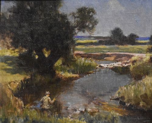 LANDSCAPE OIL PAINTING WITH FISHERMAN BY ARTHUR SPOONER - ADDITIONAL PHOTO 3