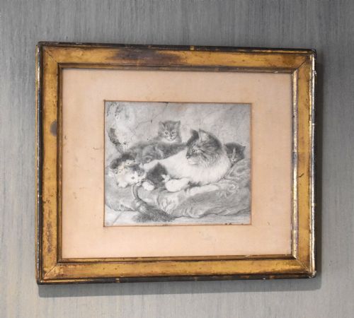 victorian drawing of a cat with kittens - CATEGORY: ANTIQUE ART - DATED 1900